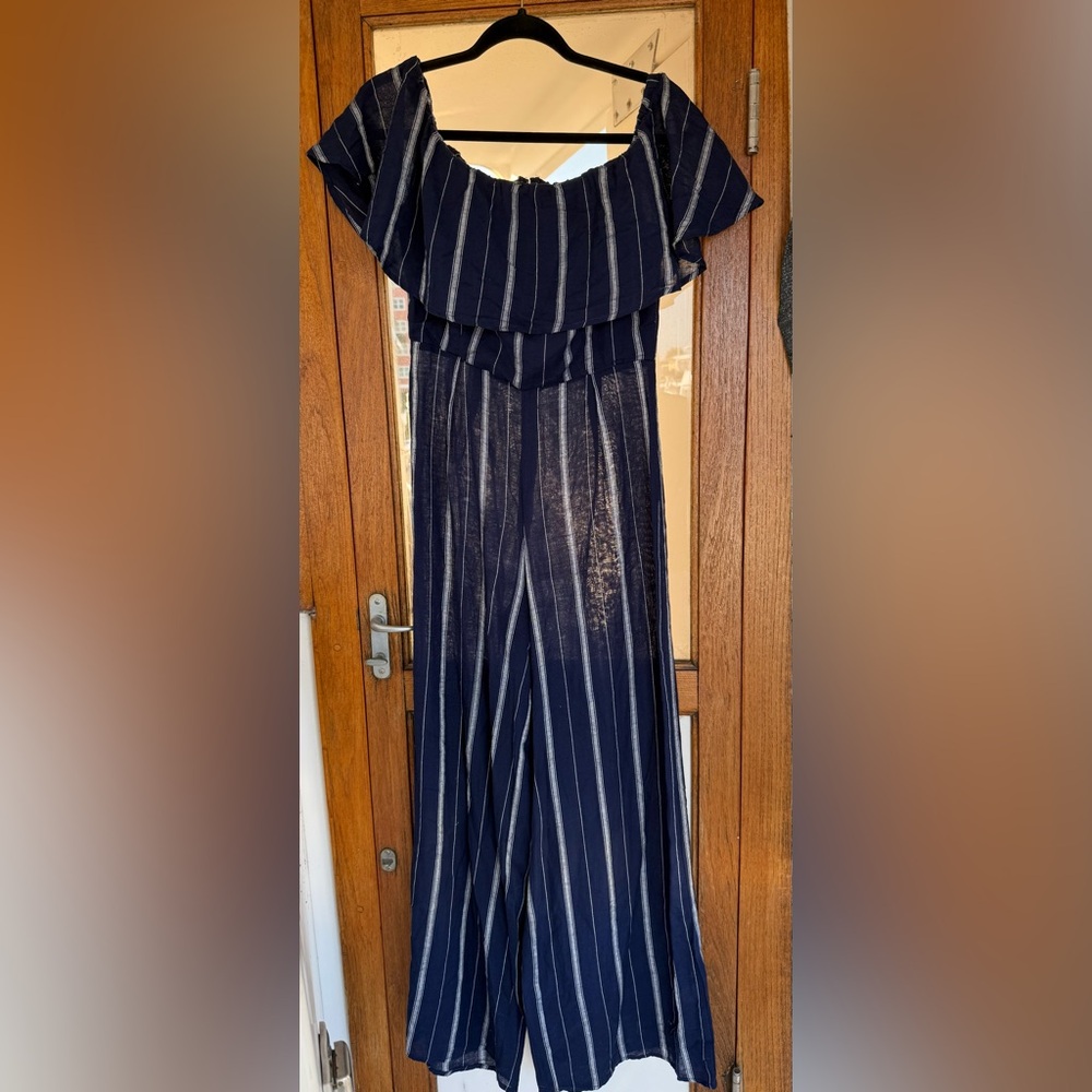 Altar’d State Off the Shoulder Jumpsuit Navy and Grey Stripes